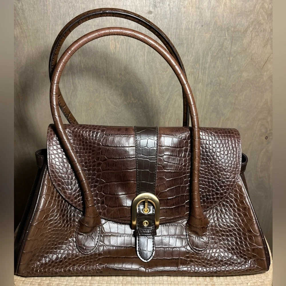 Loft Ann Taylor Brown Leather Faux Croc Handbag
